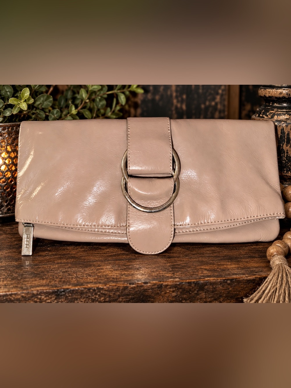 HOBO International Patent Leather Fold-Over Clutch Wallet – Taupe / Mushroom